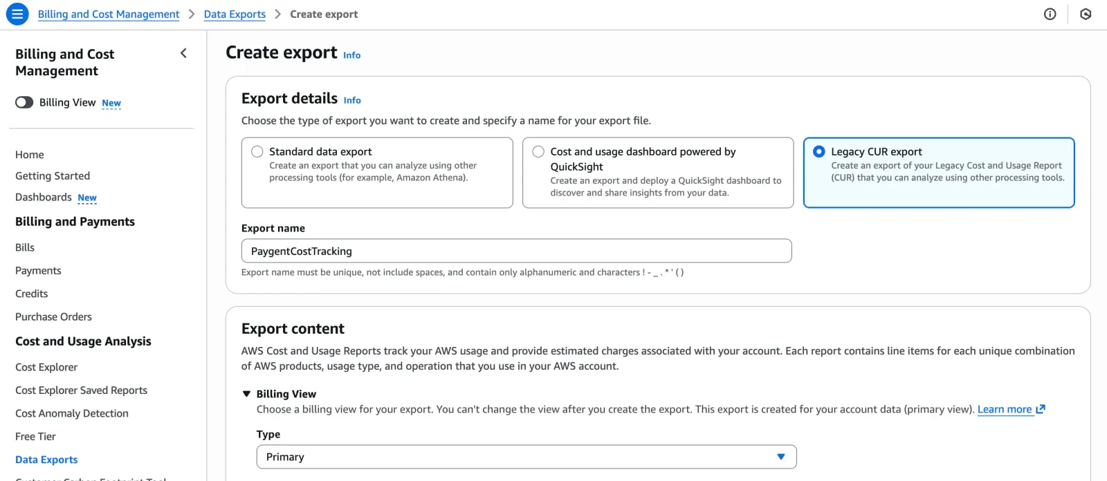 Select Legacy CUR Export